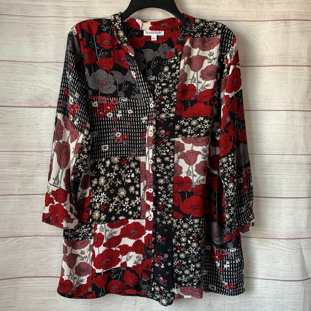 North Style Black Red Floral Patchwork Button Up Shirt 3/4 Sleeves Size L